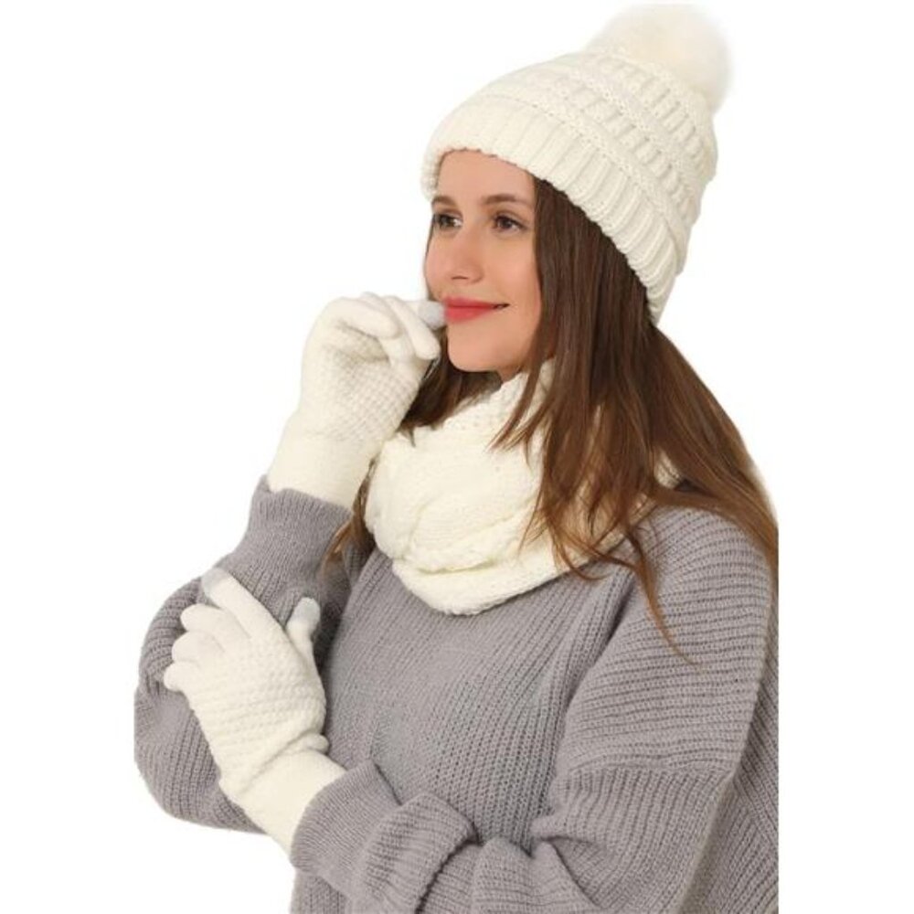 3pcs Women's Winter Beanie Hat Scarf and Touch Screen Gloves Set